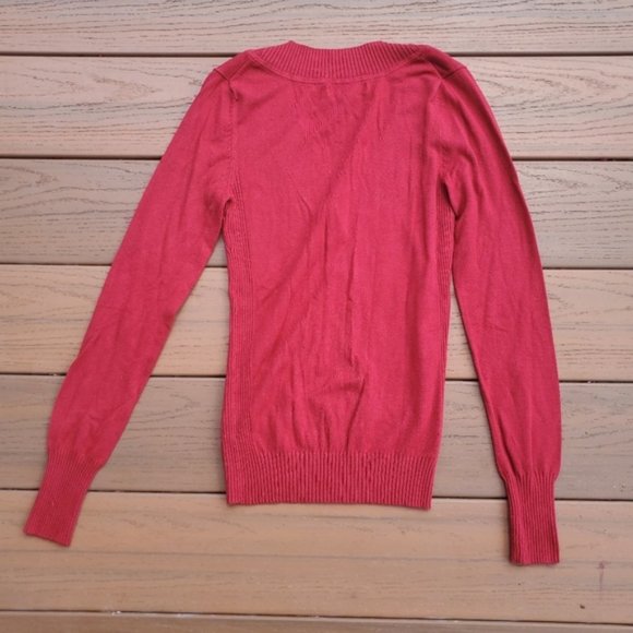 Express Scarlet Red Sweater V Neck Balloon Sleeve Stretch Preppy Casual Work S - Picture 2 of 5